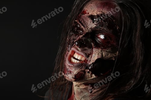 Preview: Scary zombie on dark background, closeup. Halloween monster
