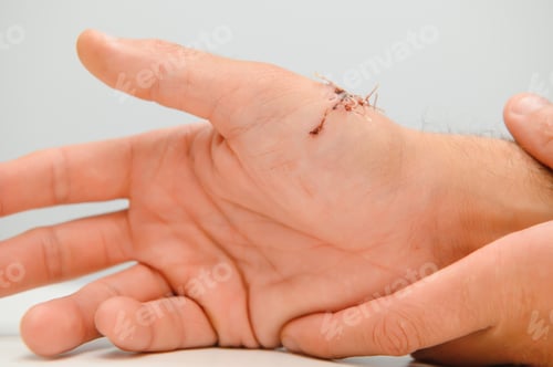 Preview: Surgery wound fix with staple on arm,isolated on white background.