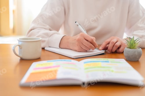 Preview: Woman at desk with coffee and plant, writing in spiral notebook to plan tasks and stay organized.