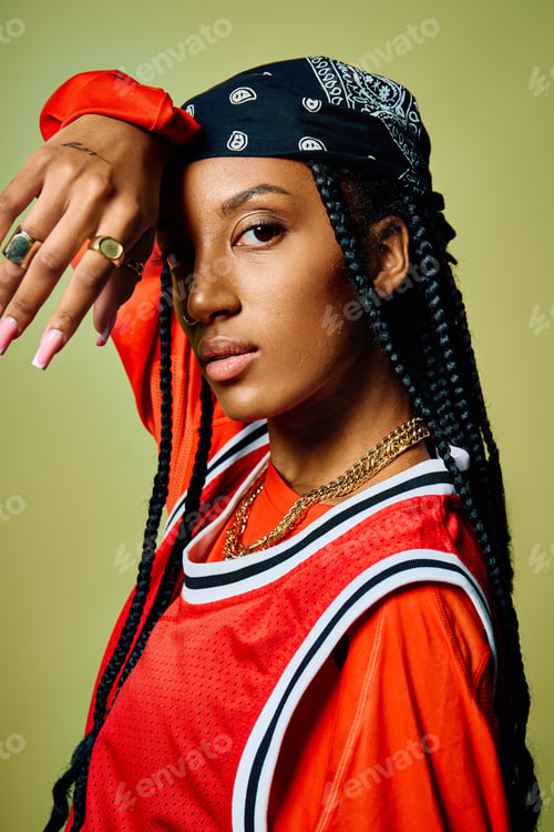 Preview: A confident young woman poses dramatically, showcasing her unique style and personality.