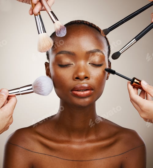 Preview: Makeup, brushes and black woman with cosmetics, skincare and dermatology on grey studio background.
