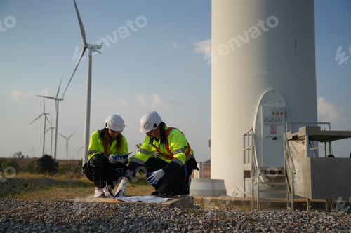 Preview: Sustainable energy industry - Engineers working at alternative renewable wind energy farm