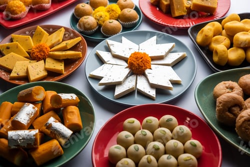 Preview: Group of Indian assorted sweets or mithai with diya