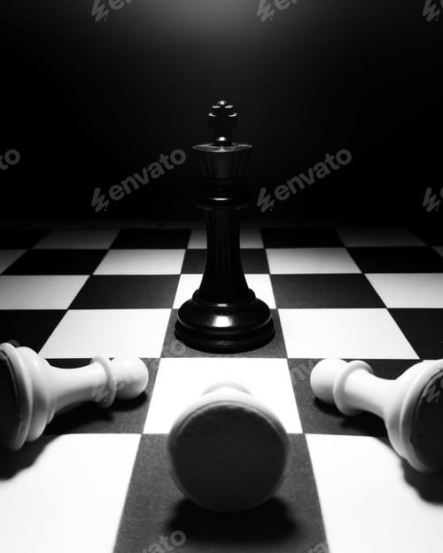 Preview: Close-up shot of a chessboard, featuring three white pawn pieces in front of a black king piece