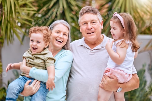 Preview: Grandparents, children and family, love and smile together in portrait, with elderly retired couple