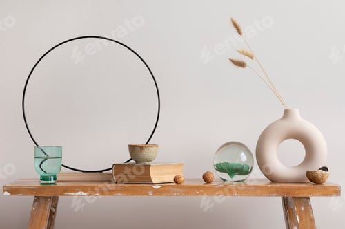 Preview: Creative composition of living room interior with wooden bench, beige wall,