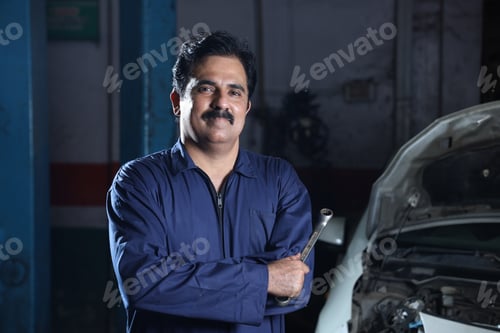 Preview: Man with a mustache in a blue shirt when building a car in Navneet Sharma, India