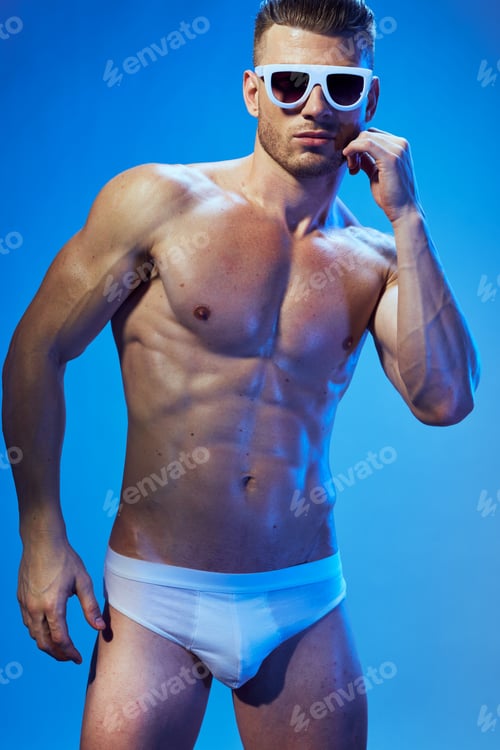 Preview: muscular sports man white underpants dark glasses