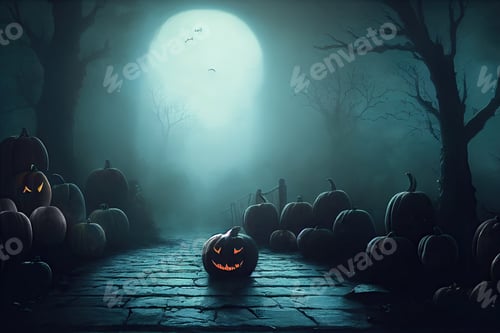 Preview: Jack-o-lantern pumpkins in an eerie, misty Halloween forest.