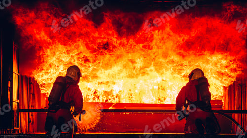 Preview: Fearless Firefighters Battling Blaze with Water and Extinguishers.