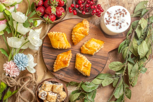 Preview: top view yummy nut pastries with fruits on wooden desk cake sweet nut biscuit
