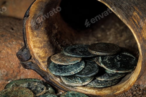 Preview: Closeup shot of ancient Roman coins coming out of a cornucopia.