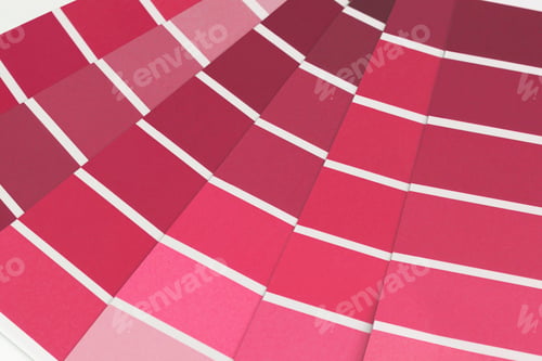 Preview: Color swatches with color of the year 2023. Color trend palette. Top view, flat lay.
