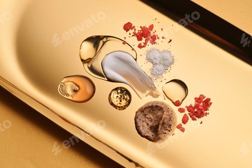Preview: Textures of different cosmetic products on a gold background.