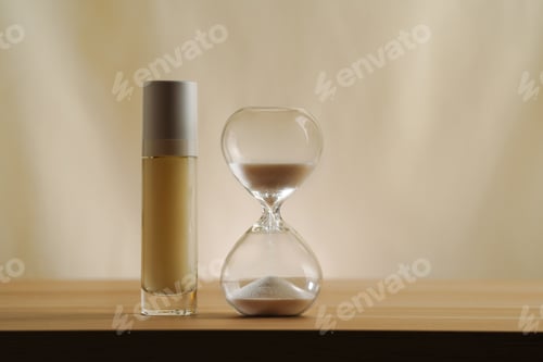 Preview: Minimalist Arrangement of Skincare Product and Hourglass on Neutral Background