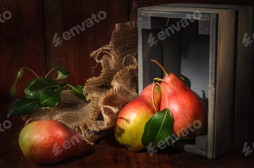 Preview: Pears near Wooden Crate and Burlap Fabric