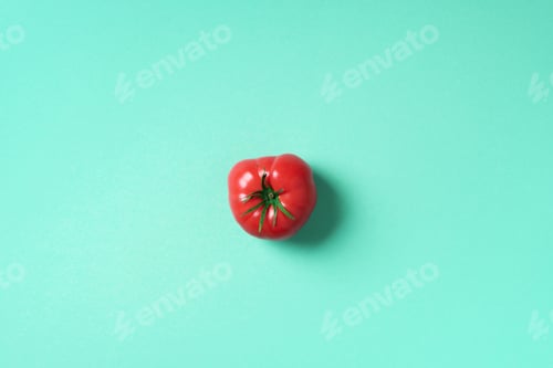 Preview: Red tomato on trendy green background with copy space. Top view. Flat lay. Summer minimal concept