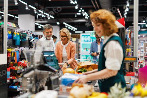 Preview: Cashier scanning groceries of senior couple at checkout in supermarket