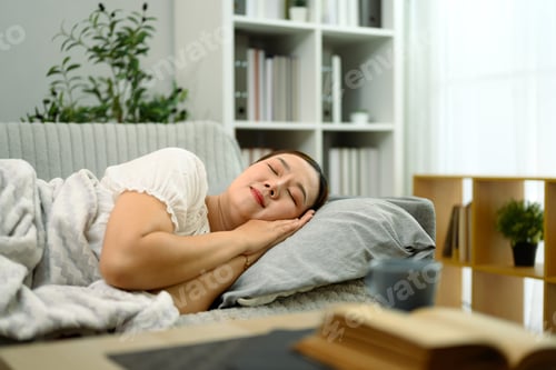 Preview: Relaxed adult woman wrapped in a blanket taking a nap on couch