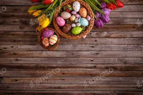 Preview: Decorated Easter Eggs with Tulips on Wooden Background