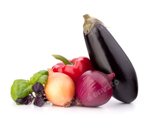 Preview: Sweet pepper, onion, tomato, eggplant and basil leaves still life