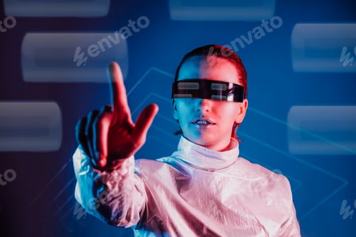 Preview: Woman in holographic clothes and futuristic eyeglasses with reflection pressing by finger button