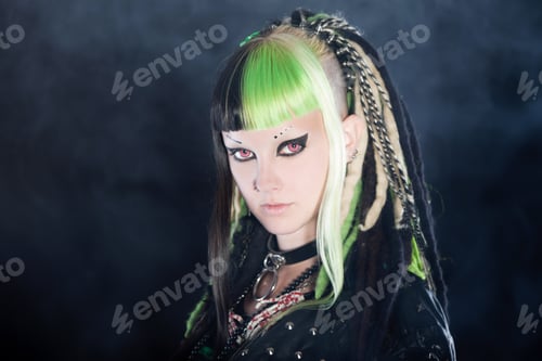 Preview: Cyber Punk Girl With Green Blond Hair And Red Eyes Isolated On Black Background With Smoke