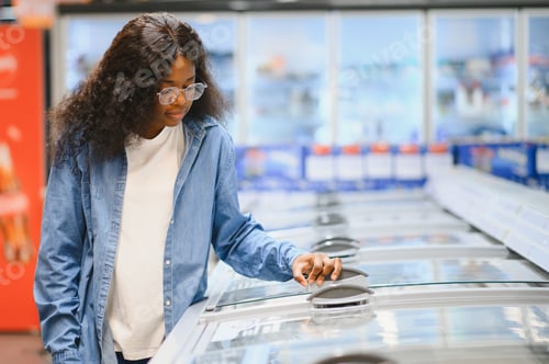 Preview: Beautiful smiling curly hair African American woman In supermarket choosing fresh products