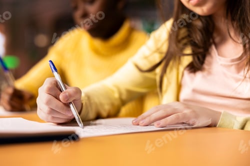 Preview: Two girls scholars preparing for classes and writing notes in textbooks
