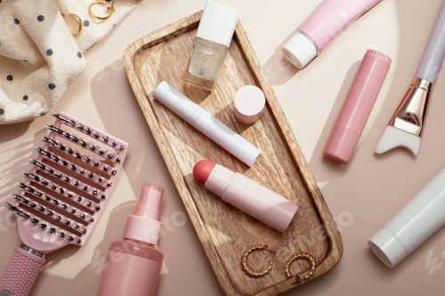 Preview: Cosmetic Products and Accessories Displayed on a Table