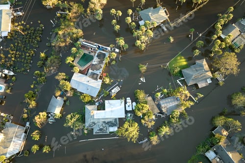 Preview: Hurricane Ian flooded houses in Florida residential area. Natural disaster and its consequences