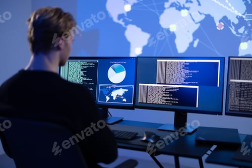 Preview: Back View in the Cyber Security Control Center Operator Working. Multiple Screens Showing Technical