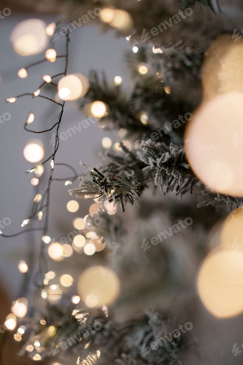 Preview: Close-up of a Christmas tree with glowing string lights, creating a warm festive ambiance