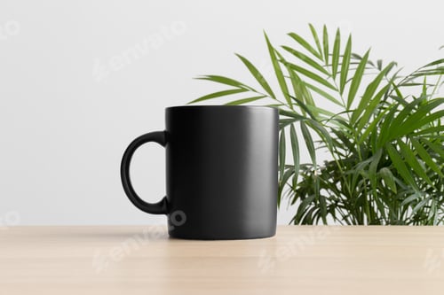Preview: Black mug mockup on the wooden table with a palm plant.