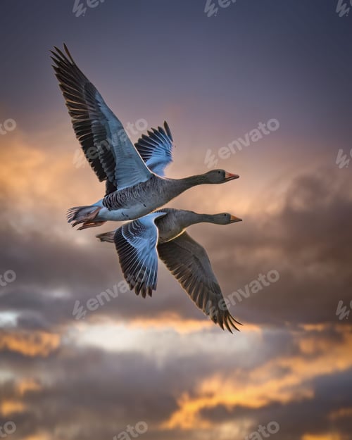 Preview: Low-angle vertical shot of geese birds flying in the sky with sunset view in the background