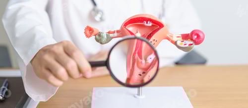 Preview: Doctor Examines Female Anatomy Model with Magnifying Glass