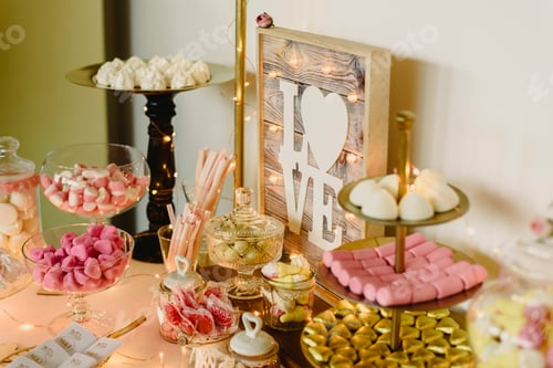 Preview: Candy bar beautifully decorated with sweets in a vintage event.