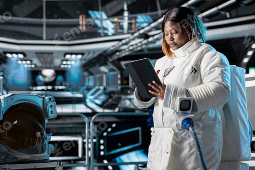 Preview: Cosmonaut looks at interface showing orbital path, preparing for mission