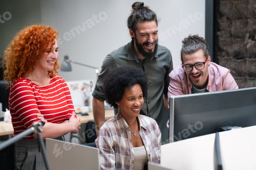 Preview: Young startup business people having fun, working and chatting at workplace office