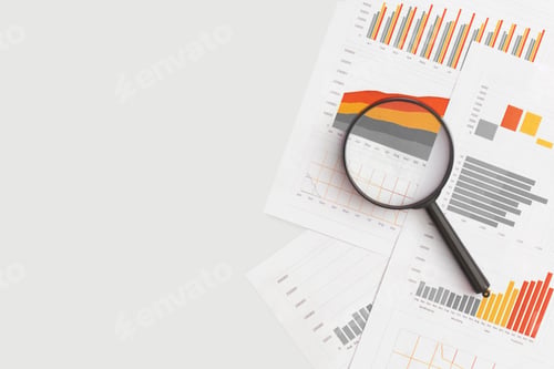 Preview: Business graphs, charts and magnifying glass on table. Financial development