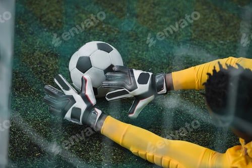 Preview: african american goalkeeper catching soccer ball during game
