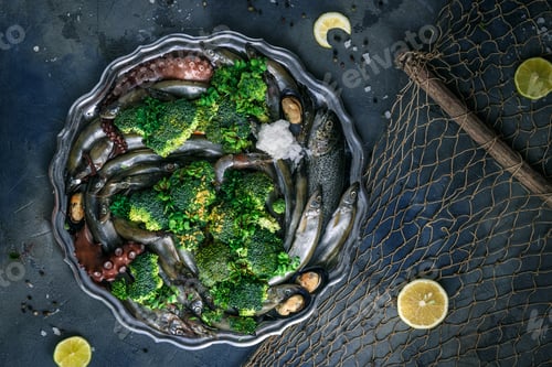 Preview: Raw Mixed seafood on a silver plate, dark background, copyspace
