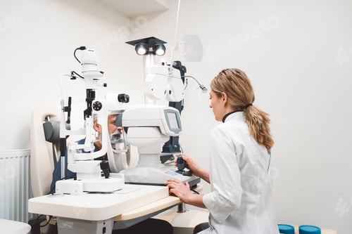 Preview: Female doctor and senior patient in ophthalmology clinic. Patient at doctor for eye examination.