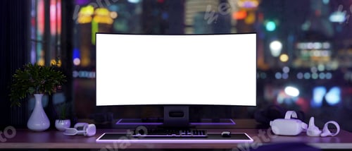 Preview: White screen computer and vision headset on table with neon purple backlighting and night city view.