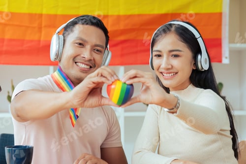 Preview: Podcaster is interviewing a guest about the content topic of LGBTQIA. Podcast concept
