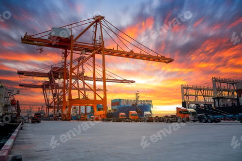Preview: Crane loading cargo container freight container ship in the international terminal logistics