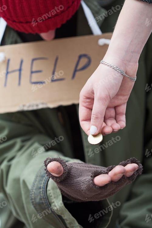 Preview: Rich Woman Giving A Coin To Homeless Man In Need