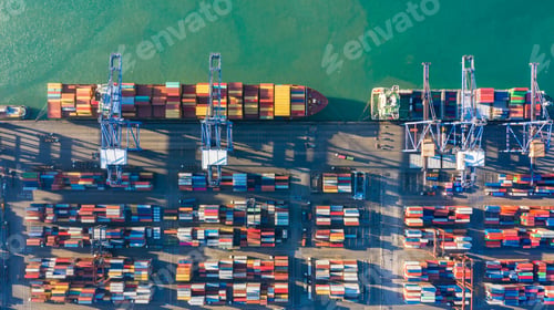 Preview: Container ship at industrial port import export global business worldwide logistic transportation.