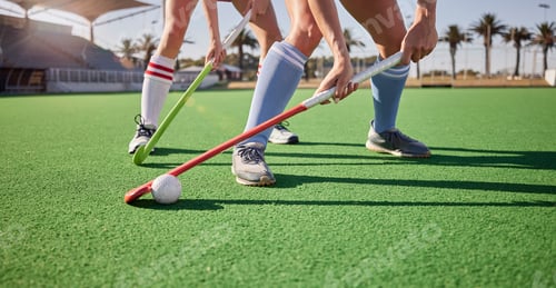 Preview: Sport, hockey and athlete legs on field playing game and fitness people workout, competition and ex