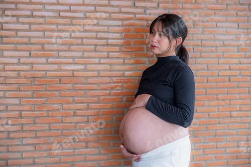 Preview: Mom pregnant woman in a dress holds hands on belly on red brick background